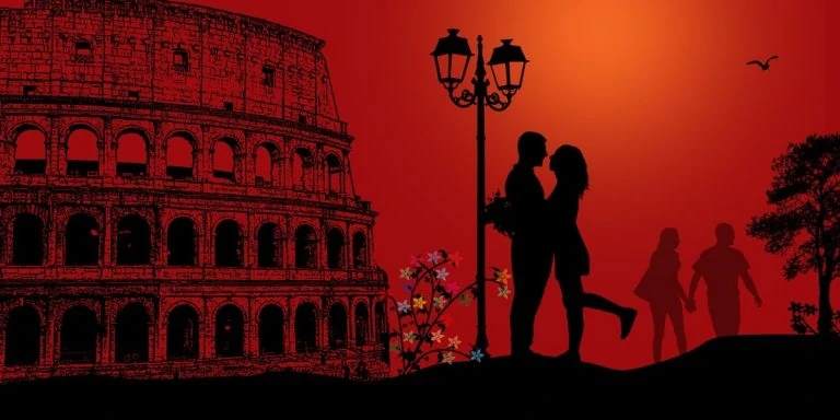 Italian Lovers in front of the Colosseum with red background