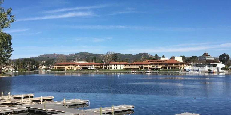 Looking across Westlake Lake to the Restaurants at the Landing